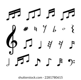 vector illustration of different types of musical notes and clef on white background