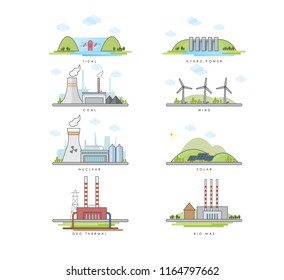 vector illustration of different types of power plants.  Tidal, nuclear energy, hydro energy, coal, solar, wind, Geo thermal, biomass energy. 