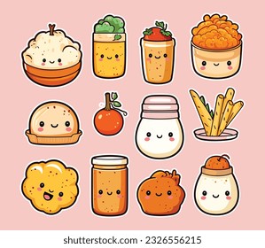 Vector illustration, different types of snacks stickers sets