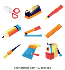 A vector illustration of different types of stationery like scissor, writing tools to notepad.