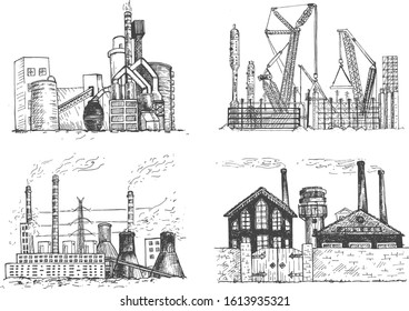 Vector illustration of different types and styles of manufacturing plants set Concrete, old textile, building construction site, power station. Vintage hand drawn style.