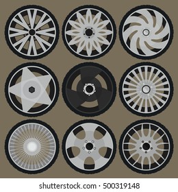 vector illustration of the different tyres and wheel rims