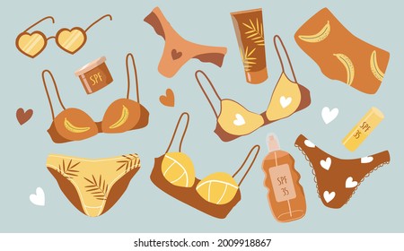 vector  illustration - different variations of swimwear and sun protection set. Hand-drawn sun protection creme,  lotion, lipstick, sunglass, bikini. Trendy illustration in flat style
