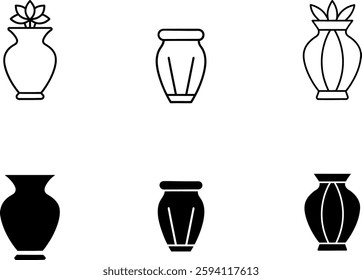 Vector illustration of different vase designs in black and white. The set includes modern, traditional, and antique styles, perfect for home decor, interior design, and artistic projects.