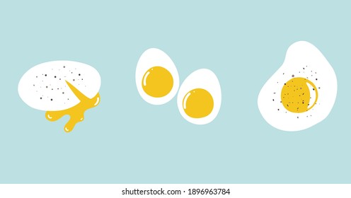 Vector illustration of different ways to cook eggs. Cooking elements. Different types of boiled and fried eggs in flat style.