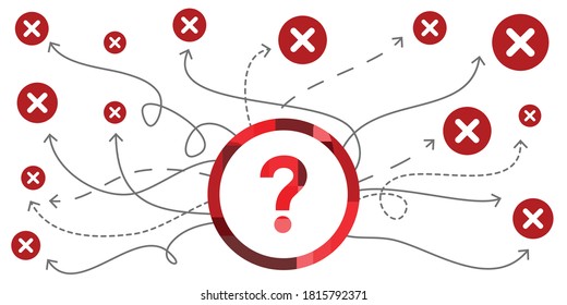 vector illustration of different ways and question marks for self sabotage and indecisiveness visual