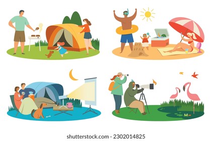 Vector illustration of different ways to spend a vacation in the outdoors