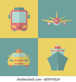 Vector illustration. Different ways to travel icons set flat desing. Travel concept. 