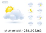 Vector illustration of different weather icon with sun, rain, half moon, thunder and snow cloud. 3d cartoon style forecast weather design of icon set of sun, rain drop, cloud, snow, crescent moon