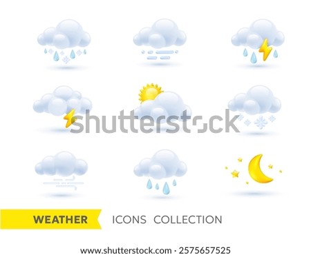 Vector illustration of different weather icon set of sun, cloud, moon, rain drop, snow, cold rainy thunder. 3d cartoon style forecast weather design of  sun, half moon, rain, thunder and snow cloud