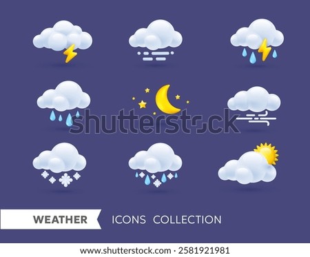 Vector illustration of different weather icon set of sun, cloud, rain drop, crescent moon, rainy thunder, snow. 3d cartoon style forecast weather design of sun, rain, half moon, snow cloud and thunder