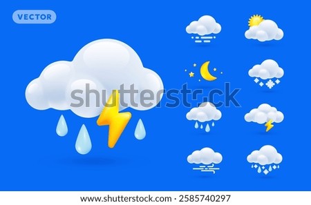 Vector illustration of different weather icon with thunder, rain, sun, half moon and snow cloud. 3d cartoon style forecast weather design of icon set of rainy cloud with thunder, snow, crescent moon