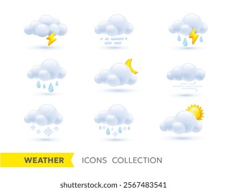 Vector illustration of different weather with sun, half moon, rain, thunder and snow cloud on white background. 3d cartoon style forecast weather design of icon set of summer sun, cloud, crescent moon