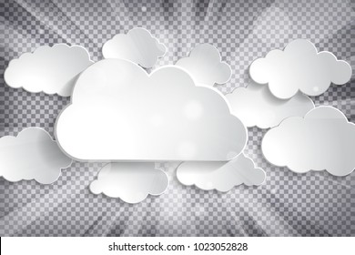 Vector illustration of different white paper clouds set with sun rays on a chequered background