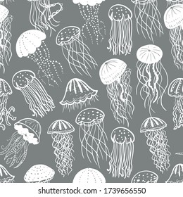 Vector illustration of different white silhouettes jellyfish seamless surface pattern. Sea background of fish.