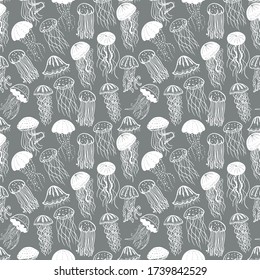 Vector illustration of different white silhouettes jellyfish seamless surface pattern. Sea background of fish.