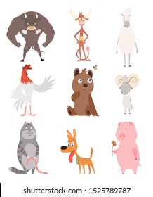 A vector illustration different wild   domestic animals cartoons  Bull  cow  sheep  cock  bear  bee  ram  domestic cat  dog  puppy  pig 