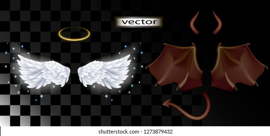 Vector illustration of different wings, angel and demon, with glowing halo and horns with tail set