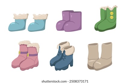 Vector illustration of different winter boots and felt boots with fur. Set of icons in the form of warm shoes. Concept of cozy winter fashion. Image of winter accessories in a horizontal view