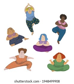 Vektorgrafik mit verschiedenen Frauen, die Yoga machen.