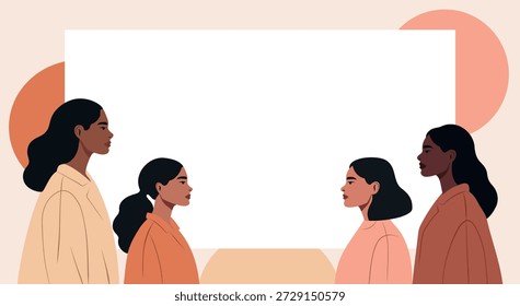 Ilustración vectorial de diferentes mujeres enfrentadas. Perfecto para temas de unidad, libertad, feminismo, igualdad, empoderamiento de las mujeres. Espacio para texto en un diseño moderno para el Día de la Mujer, 8 de marzo