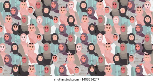 Vector illustration of different women in hijab. Seamless pattern with modern independent muslim women in a stylish outfit. Arab women fighting for their equality and rights and standing together.