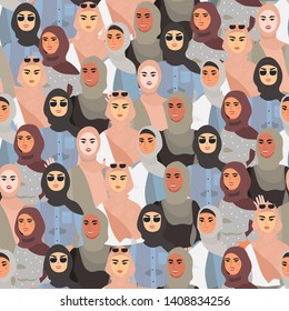 Vector illustration of different women in hijab. Seamless pattern with modern independent muslim women in a stylish outfit. Arab women fighting for their equality and rights and standing together.