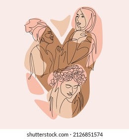 Vector illustration of different women in line art style