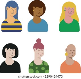 Vector illustration of different women with varied hair and skin colors. Different haircuts for women. Women of different races. Female inclusion.