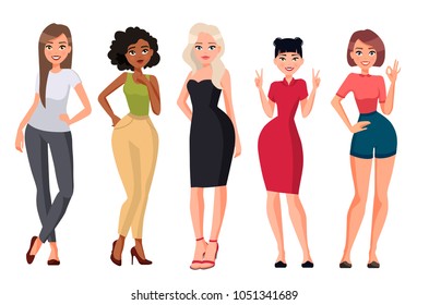 Vector Illustration Of Different Women.Girl With Long Hair In Casual Clothes, Young Black Woman, Woman With Blond Hair In Black Dress,chinese Woman.Cartoon Realistic People.Flat Young Woman.Front View