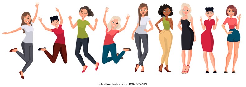 Vector illustration of different women.Girl with long hair in casual clothes, young black woman, woman with blond hair in black dress,chinese woman.Cartoon realistic people.Flat young woman.Front view