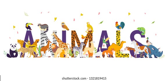 Vector illustration with different world wild animals, ungulata and birds. Hand drawn flat style. Funny characters, good for banners, prints, patterns, infographics, children book illustration etc