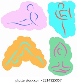 Vector illustration of different yoga poses in colorful clouds or bubbles. Trendy line art in the symbol of mindfulness and healthy lifestyle