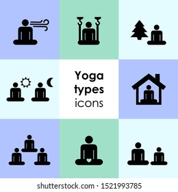 vector illustration of different yoga types icons set including group and kids aerial exercises  