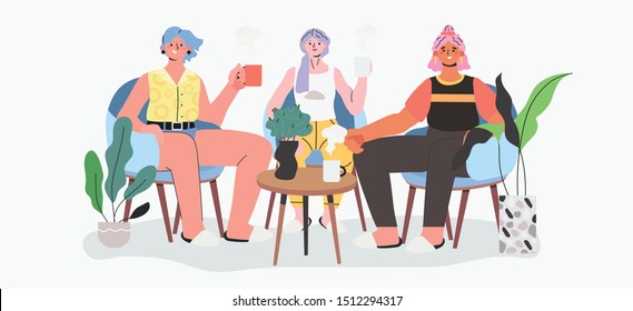 Vector illustration of different young women characters on a group psychological meeting supporting each other, talking about their problems and drinking tea in an informal setting with psychologist.