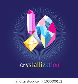 Vector illustration of differently colored crystals on a dark blue background