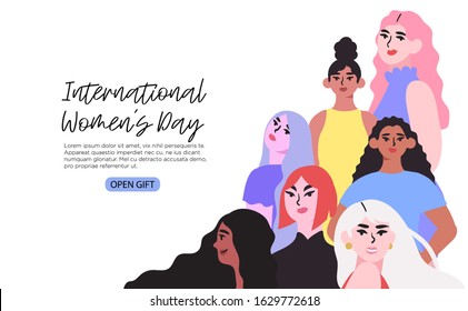 Vector illustration of differnet diverse multiethnic group of women . Creative banner, poster, social media post, post card, landing page, ad for international women's day or eight of march greeting.