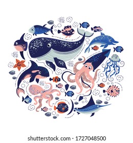 Vector illustration of  differnt cartoon sea animals and fish touched the insides of the circle.