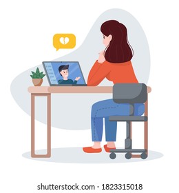 Vector Illustration: Difficult Conversation. Woman Communicates With Man Via Video Link. The Concept Of Ending A Relationship During Quarantine.