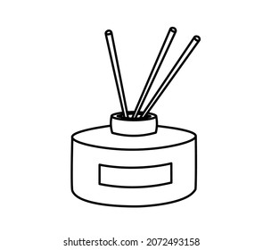 Vector illustration. Diffuser with chopsticks. Fragrances at home, for living room, bathroom. Legend, a simple drawing of a jar with a label. Spreading a pleasant scent.