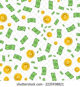 Ilustración vectorial del dinero de DigiByte. Patrón aleatorio de billetes y monedas en color verde y oro sobre fondo transparente (PNG). 