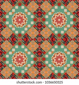 Vector illustration. Digital art abstract seamless pattern. Abstract green, beige and red image with a squares.