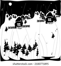 Vector illustration. Digital art. Winter landscape, cozy, houses and Christmas trees, a lot of snow. Black and white image. Minimalism, brevity, style. Starry sky, moon, snow is falling. Story, 