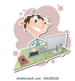 Vector illustration of Digital Artist working with graphic tablet and computer.