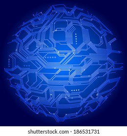 Vector illustration  of digital background with blue sphere made of circuit board. Gradients are used. EPS8