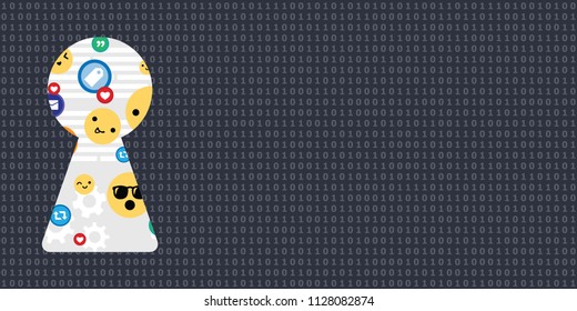 vector illustration of digital binary code pattern and keyhole with smiles and likes for virtual reality creation concepts