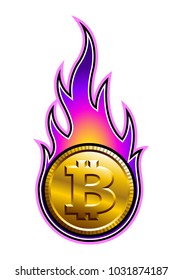 Vector illustration of digital bitcoin crypto currency sign with simple flame shape. Ideal for sticker, decal, logo design element and any kind of decoration.