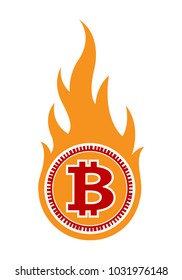 Vector illustration of digital bitcoin crypto currency sign with simple flame shape. Ideal for sticker, decal, logo design element and any kind of decoration.