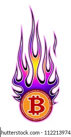Vector illustration of digital bitcoin crypto currency sign with hotrod flame. Ideal for sticker decal logo design template and any kind of decoration.