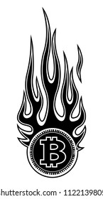 Vector illustration of digital bitcoin crypto currency sign with hot rod flame. Ideal for sticker decal logo design template and any kind of decoration.